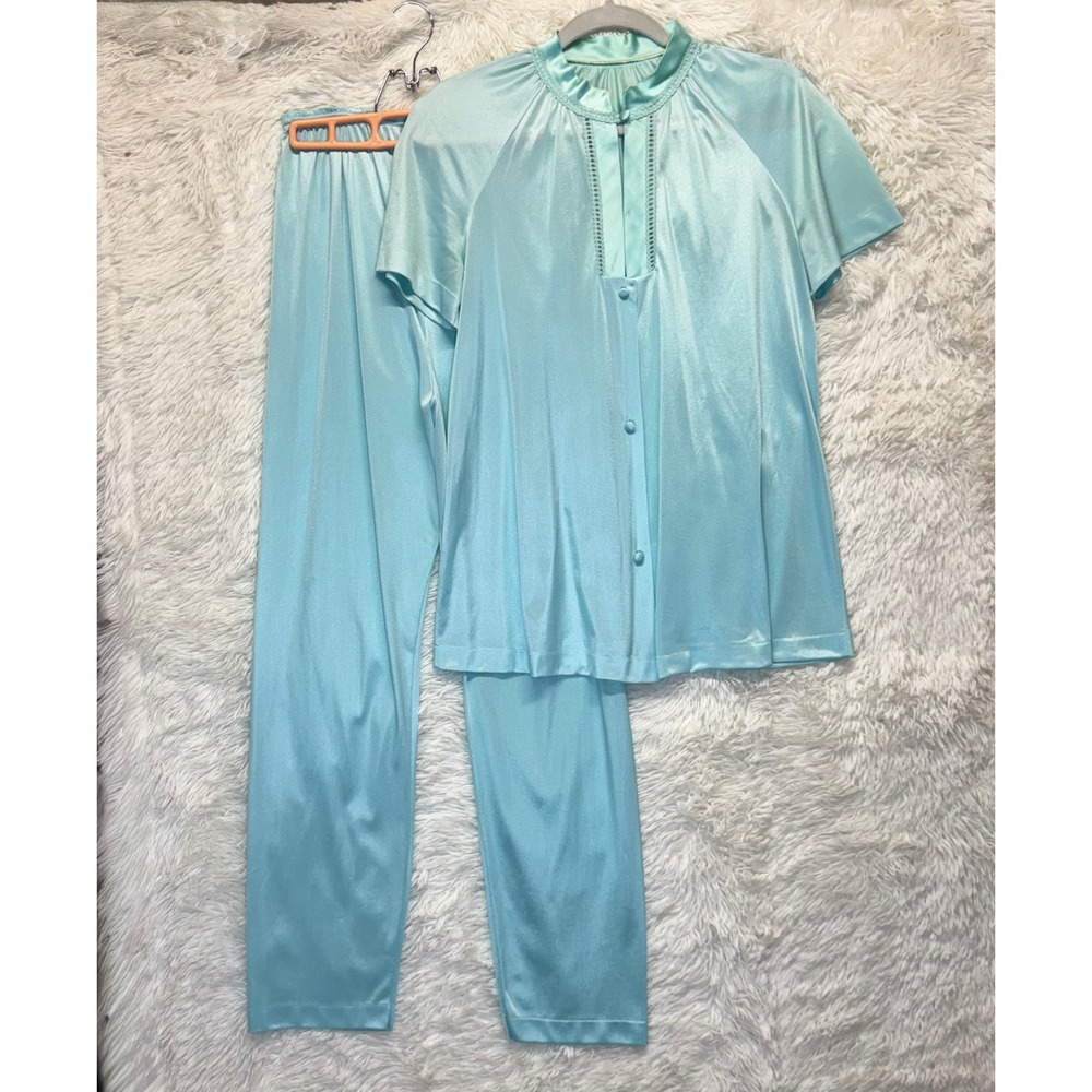 Vintage Gossard‎ Blue Satin Pajama Set Small ILGWU Union Made Loungewear
